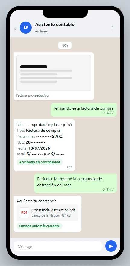 Conversación de WhatsApp con un asistente que lee un comprobante y envía una constancia