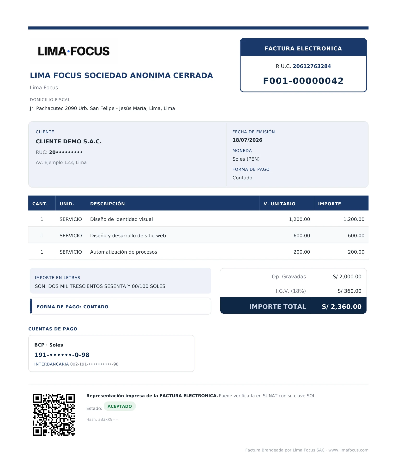 Parte superior de una factura electrónica con identidad visual de Lima Focus